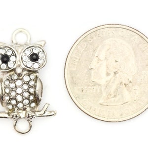 May include: Silver owl charm with black eyes and clear rhinestones. The owl is perched on a branch and has a loop for attaching to a necklace or bracelet. The charm is about the size of a US quarter.