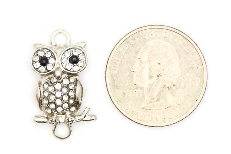 May include: Silver owl charm with black eyes and clear rhinestones. The owl is perched on a branch and has a loop for attaching to a necklace or bracelet. The charm is about the size of a US quarter.