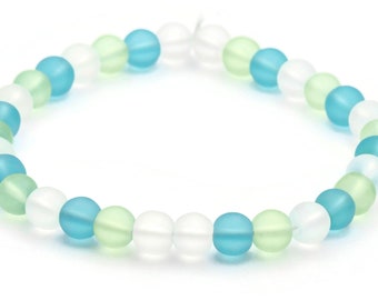 Ocean Hues Glass Beaded Stretch Anklet • Blue, Green and White Beach Jewelry