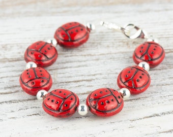 Red Ladybug Glass Interchangeable Stretch Beaded Watch Band / Medical ID Bracelet / Single Strand / Handmade Jewelry - XS, M, L