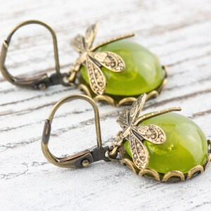 May include: A pair of green glass earrings with dragonfly accents. The earrings have a bronze finish and are designed with a hook closure.