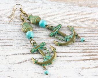 Nautical Anchor and Brass Fish Earrings with Ocean Blue Patina • Turquoise Summer Jewelry