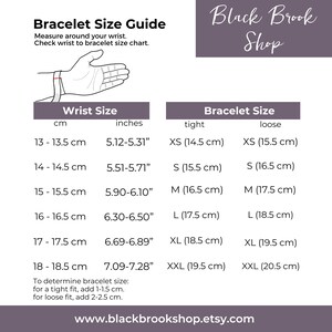May include: A chart showing bracelet sizes in inches and centimeters. The chart includes wrist measurements and corresponding bracelet sizes for both a tight and loose fit. The chart also includes instructions on how to determine the correct bracelet size based on wrist size.