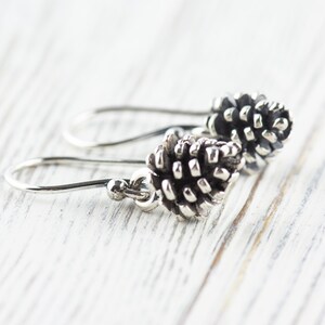 May include: A pair of silver dangle earrings with a pine cone design. The pine cones are detailed and realistic.