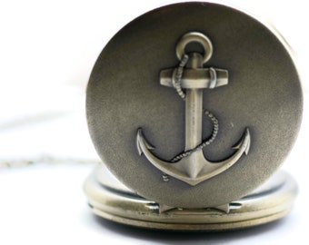 Large Antique Bronze Anchor Pocket Watch Necklace | Long Necklace Watch | Bronze Pocket Watch | Ladies Pocket Watch | Necklace - WA00065