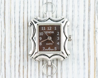 Brown Dial Silvertone Square Frame Watch Face • DIY Beading Watch • Jewelry Making • Analog • Loops and Battery Included