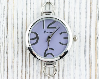 Lavender-Purple Dial Big-Numbers Round Silvertone Watch Face • DIY Beading Watch • Jewelry Making • Analog • Loops and Battery Included