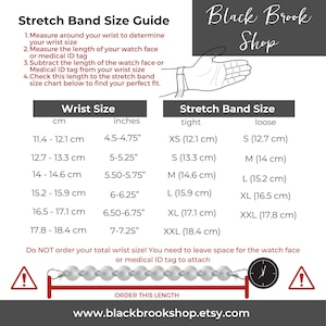 May include: A chart showing how to measure your wrist for a stretch band. The chart includes measurements in inches and centimeters. The chart also includes a list of sizes for the stretch band, including XS, S, M, L, XL, XXL. The chart is titled "Stretch Band Size Guide".