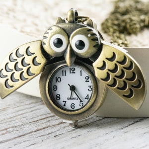 Winged Owl Bronze Pocket Watch Long Necklace / Unique Watches / Nature Inspired Jewelry