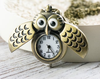Geflügelte Eule Bronze Taschenuhr Lange Halskette / Einzigartige Uhren / Natur Inspirierter Schmuck