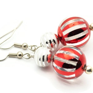 Striped Ornament, Red and Silver, Christmas Ornament, Glass Globe, Surgical Steel, Holiday Earrings, Christmas Earrings image 2