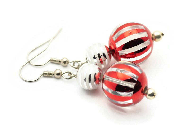 Striped Ornament, Red and Silver, Christmas Ornament, Glass Globe, Surgical Steel, Holiday Earrings, Christmas Earrings image 2