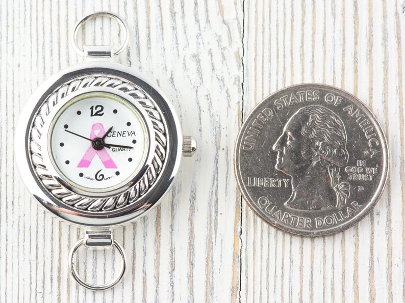 Pink Ribbon Silvertone Round Rope Frame Watch Face • White Dial • DIY Beading Watch • Jewelry Making • Analog • Loops and Battery Included image 4