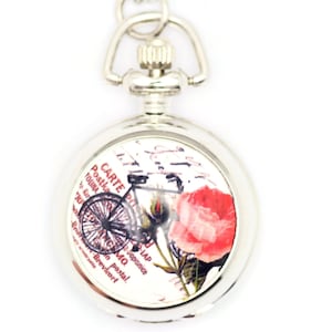 Porcelana con estampado de bicicleta, Collar de reloj de bolsillo Silvertone, Reloj de collar de cadena, Reloj de collar largo, Collar de medallón de reloj imagen 1
