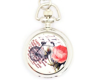 Bicycle Print Porcelain, Silvertone Pocket Watch Necklace, Chain Necklace Watch, Long Necklace Watch, Watch Locket Necklace