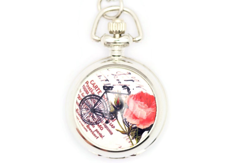 Porcelana con estampado de bicicleta, Collar de reloj de bolsillo Silvertone, Reloj de collar de cadena, Reloj de collar largo, Collar de medallón de reloj imagen 1