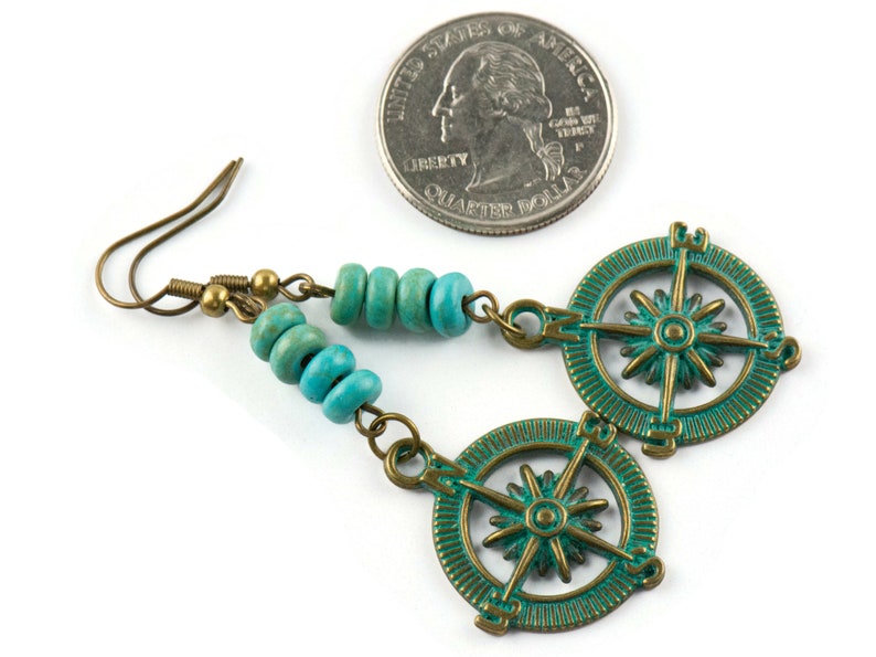 May include: Teal and bronze compass earrings with turquoise beads. The earrings are approximately the size of a UK 20 pence coin.