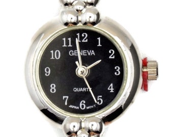 Black Dial Silvertone Round Watch Face • DIY Beading Watch • Jewelry Making • Analog • Loops and Battery Included