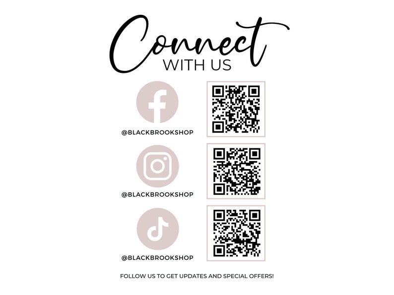 K&ouml;nnte beinhalten: Verbinde dich mit uns in den sozialen Medien. Eine wei&szlig;e Grafik mit dem Text "Connect with us" in schwarzer Kursivschrift. Unter dem Text befinden sich drei Social-Media-Icons mit den entsprechenden Benutzernamen: Facebook (@blackbrookshop), Instagram (@blackbrookshop) und TikTok (@blackbrookshop). Jedes Symbol ist mit einem schwarz-wei&szlig;en QR-Code gepaart.