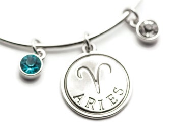 Aries Zodiac Charm Bangle, Zodiac Bracelet, Birthstone Bracelet, Bangle Charm Bracelet, Birthday Gift for Her
