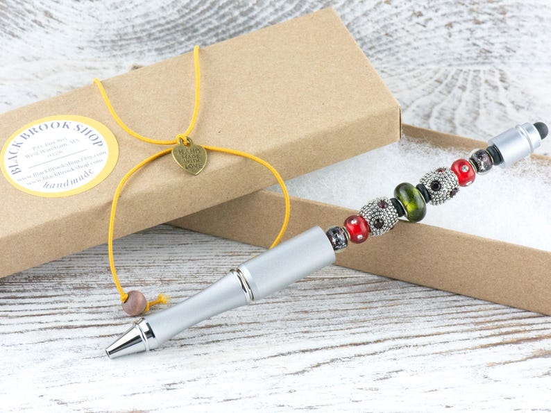 Vintage Christmas Beaded Silver Stylus Pen • Lampwork Glass Beads • Metal Ballpoint image 6