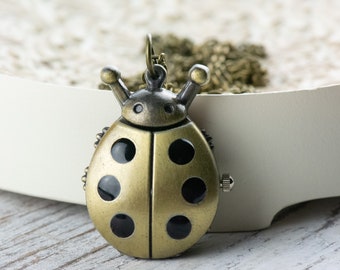 Ladybug Bronze Pocket Watch Long Necklace / Unique Watches / Nature Inspired Jewelry
