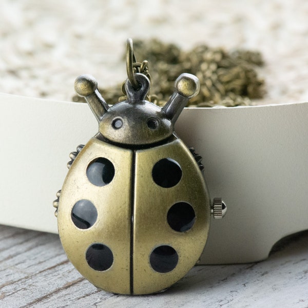 Ladybug Bronze Pocket Watch Long Necklace / Unique Watches / Nature Inspired Jewelry