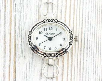 White Dial Silvertone Oval Swirl Watch Face • DIY Beading Watch • Jewelry Making • Analog • Loops and Battery Included