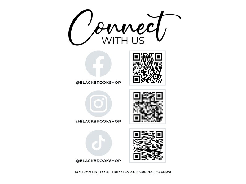 May include: Connect with us on social media.  Find us on Facebook, Instagram, and TikTok.  Scan the QR codes to follow us.
