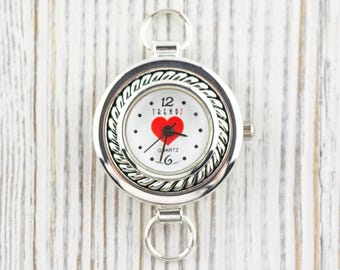 Red Heart White Dial Silvertone Round Watch Face • DIY Beading Watch • Jewelry Making • Analog • Loops and Battery Included