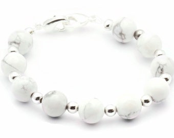 White Howlite Beaded Bracelet Watch Band, Medical ID Bracelet • Handmade Gemstone Watch Band • Stretch Watch Band