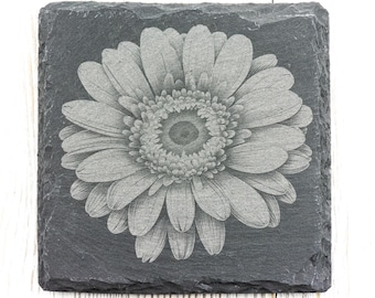 Laser Engraved Gerbera Daisy Black Slate Square Coaster • Rustic Barware
