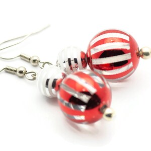 Striped Ornament, Red and Silver, Christmas Ornament, Glass Globe, Surgical Steel, Holiday Earrings, Christmas Earrings image 1