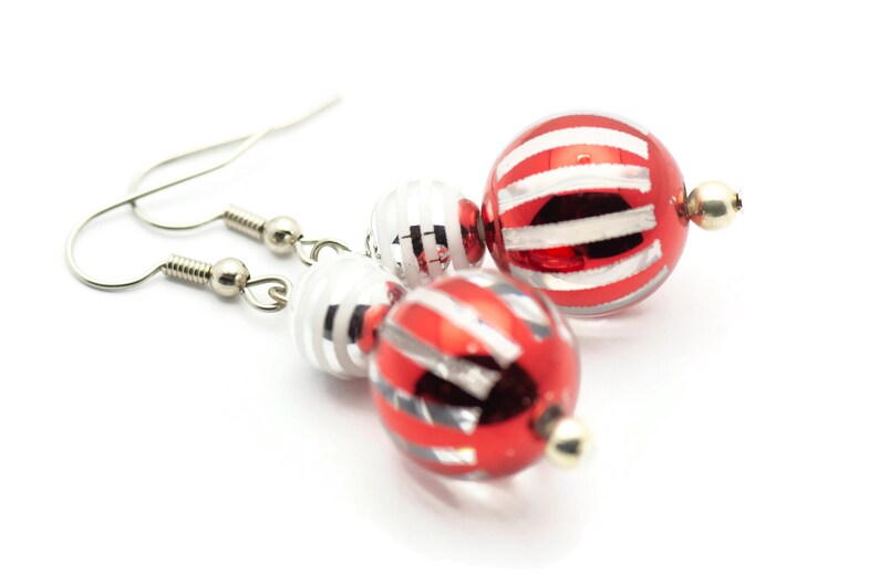 Striped Ornament, Red and Silver, Christmas Ornament, Glass Globe, Surgical Steel, Holiday Earrings, Christmas Earrings image 1