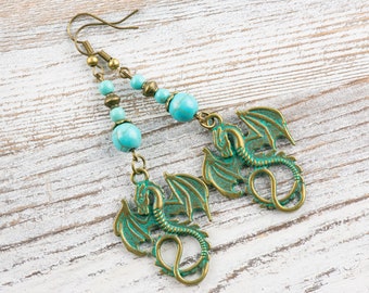 Nautical Sea Dragon Brass Earrings with Ocean Blue Patina • Turquoise Summer Jewelry