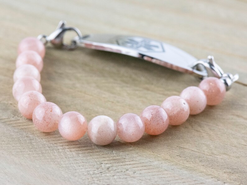 Pink Flake Moonstone Stretch Beaded Watch Band, Medical Alert Bracelet, Single Strand, Interchangeable, Handmade Jewelry 画像 6