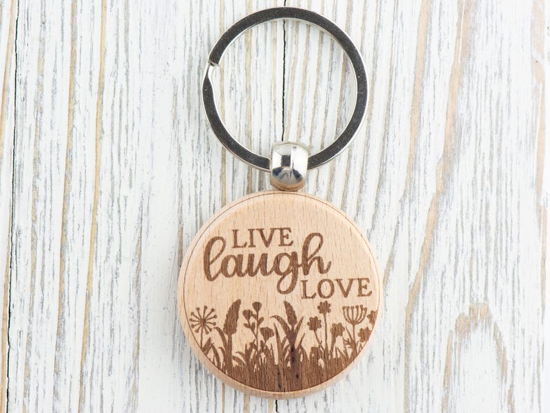 Inspirational Quotes Natural Wood Keychain • Laser-Engraved Stainless Steel Keyring • Double-Sided Live Laugh Love
