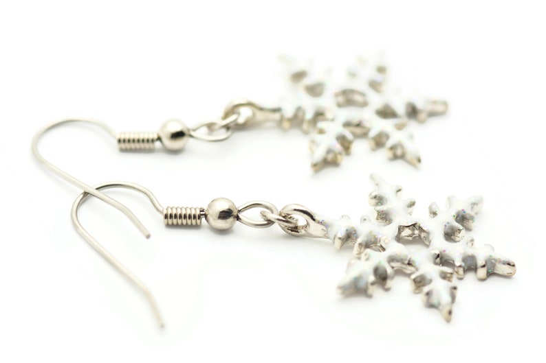 May include: A pair of silver snowflake earrings with a hook closure. The snowflakes are detailed and have a white enamel finish.