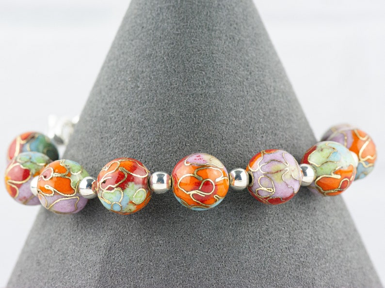 Cloisonné Runt Orange Mix Utbytbart Klockarmband med Stretchpärlor • Armband för Medicinsk ID • Enkelt sträng • Handgjorda smycken bild 8