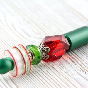 Red and Green Christmas Beaded Metal Ballpoint Pen with Lampwork Glass Beads • Black Ink (Extra Refill) image 4