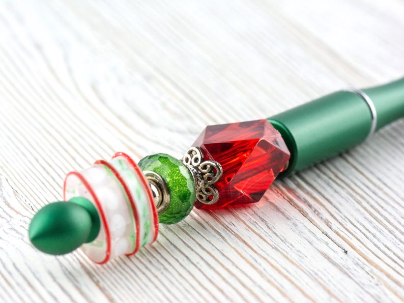 Red and Green Christmas Beaded Metal Ballpoint Pen with Lampwork Glass Beads • Black Ink (Extra Refill) image 4