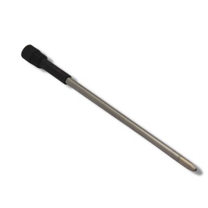 Op de afbeelding: Een zilveren metalen pen met een zwarte rubberen grip aan de bovenkant.