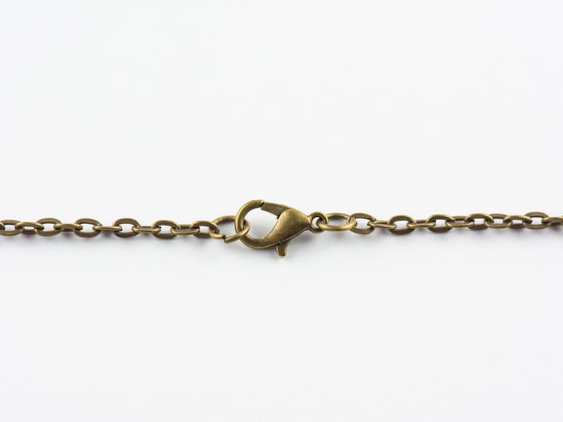 K&ouml;nnte beinhalten: Nahaufnahme einer bronzefarbenen Halskette mit einem Karabinerverschluss. Die Kette besteht aus kleinen, ovalen Gliedern. Der Verschluss hat eine dunklere Bronzefarbe. Der Hintergrund ist schlicht wei&szlig;.