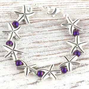 Purple Starfish Interchangeable Stretch Beaded Watch Band • Medical ID Bracelet • Single Strand • Handmade Jewelry image 1