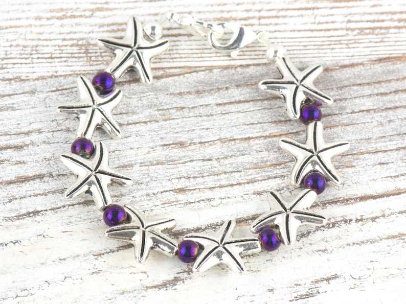 Purple Starfish Interchangeable Stretch Beaded Watch Band • Medical ID Bracelet • Single Strand • Handmade Jewelry image 1