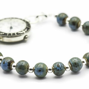 Blue Porcelain Round Stretch Interchangeable Beaded Bracelet Watch Band • Medical ID Bracelet • Ladies Watch Band image 4