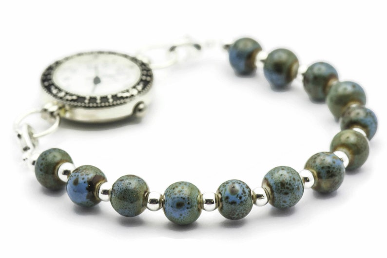 Blue Porcelain Round Stretch Interchangeable Beaded Bracelet Watch Band • Medical ID Bracelet • Ladies Watch Band image 4