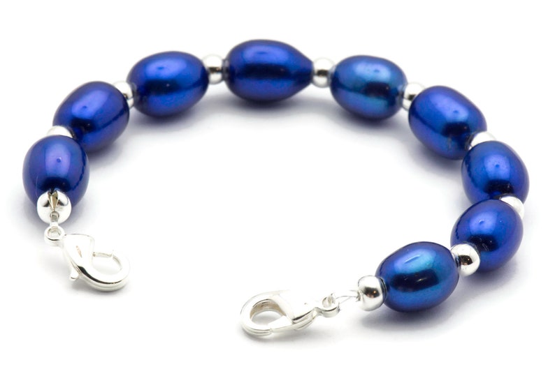 Sapphire Blue Freshwater Pearl Watch Band, Medical ID Bracelet • Handmade Watch Band • Stretch Watch Band image 4