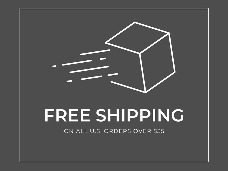 Puede incluir: Un dibujo de l&iacute;nea blanca de una caja con una l&iacute;nea diagonal que la atraviesa, que representa un env&iacute;o r&aacute;pido. El texto "FREE SHIPPING" est&aacute; debajo de la caja, y el texto "ON ALL U.S. ORDERS OVER $35" est&aacute; debajo de ese.