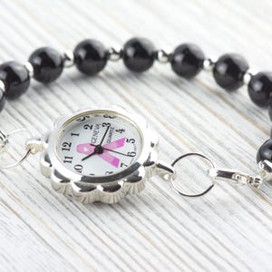 Pink Ribbon Silvertone Flower Watch Face • White Dial • DIY Beading Watch • Jewelry Making • Analog • Loops and Battery Included image 5